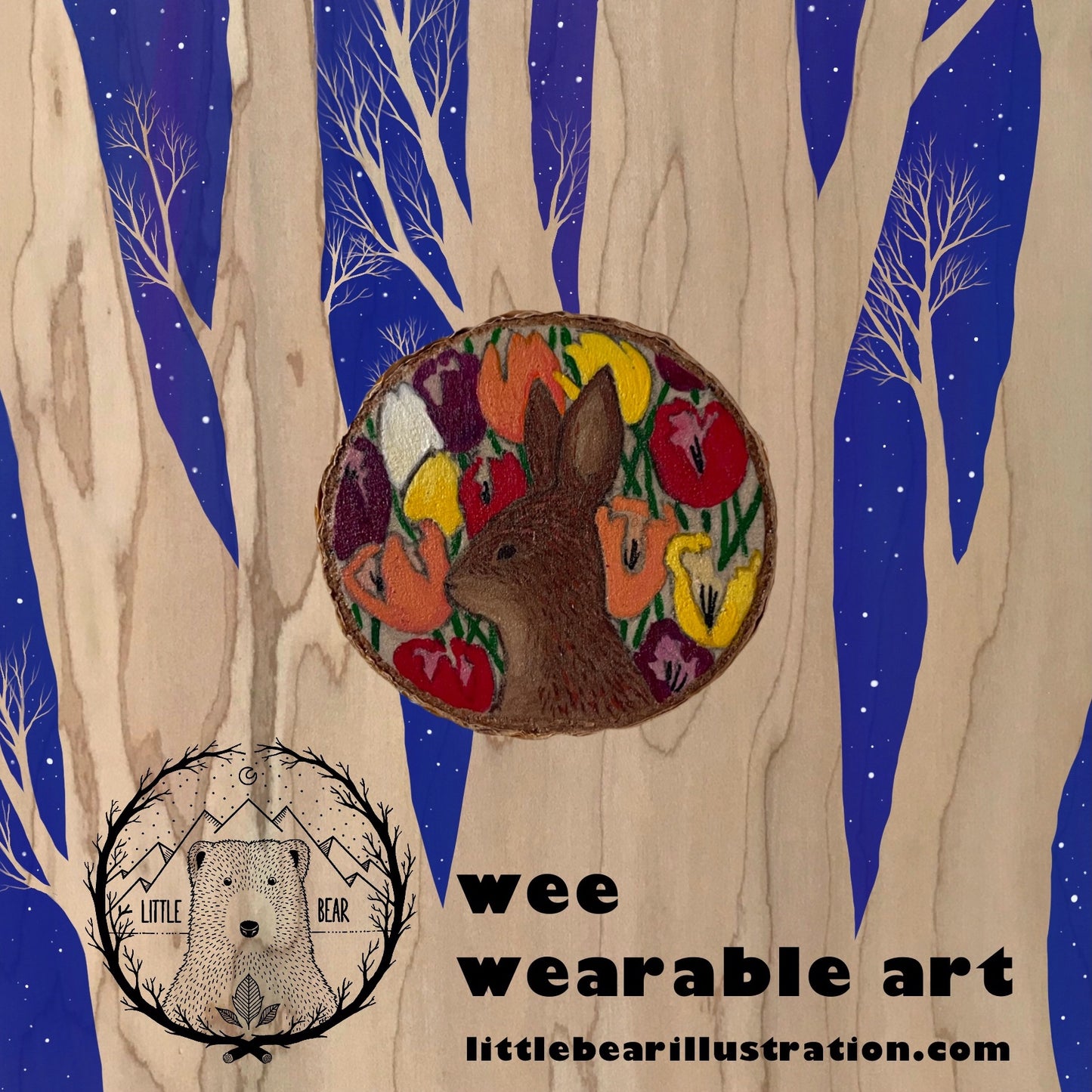 Hand-Painted Little Bunny Bun #1 Wooden Brooch©Cara Finnerty Coleman