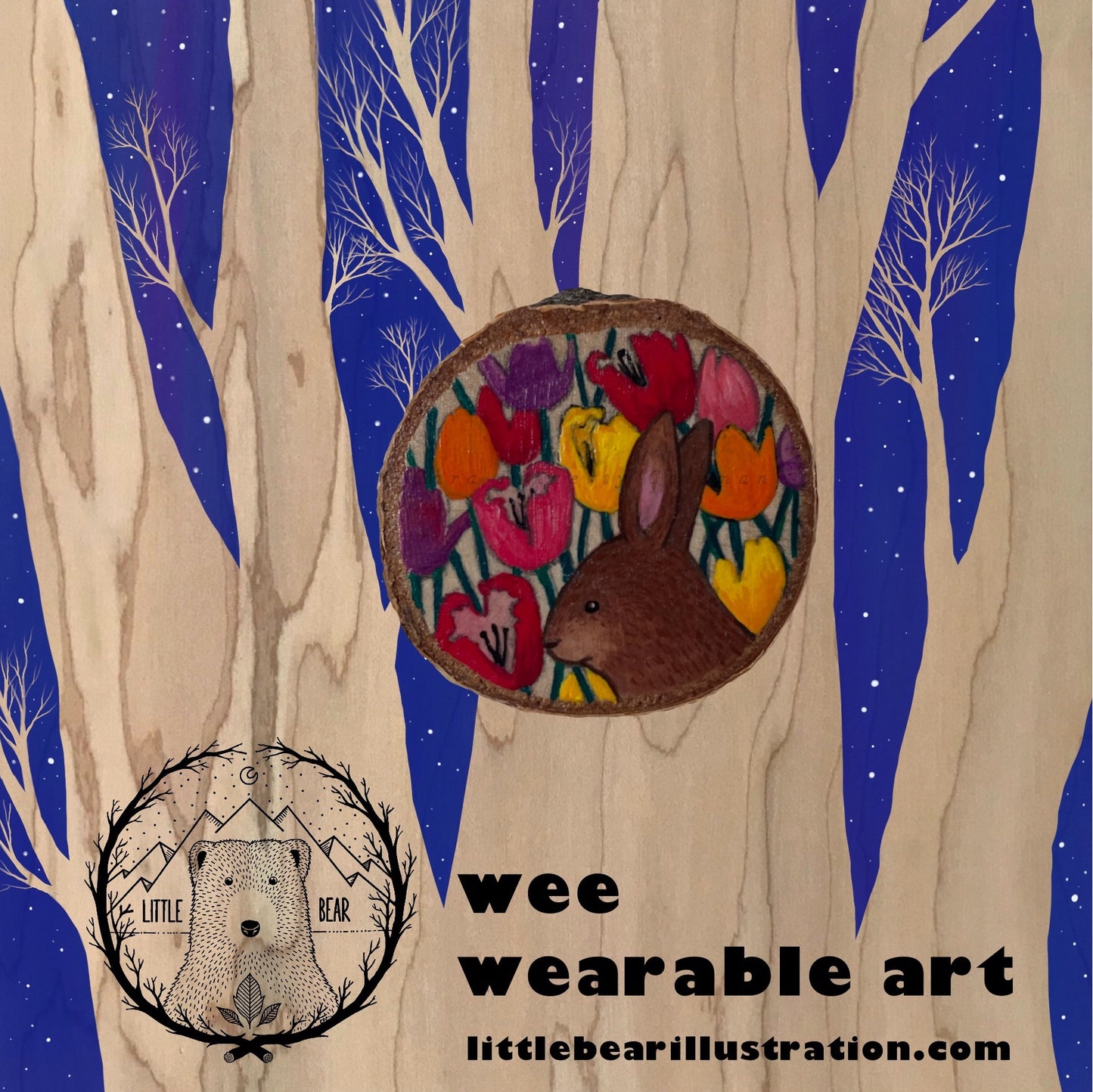 Hand-Painted Little Bunny Bun #2 Wooden Brooch©Cara Finnerty Coleman