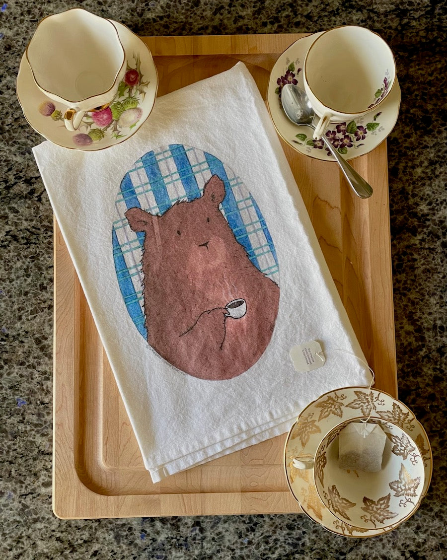 Brown Bear Tea Towel, Grizzly Tea Towel, Bear Kitchen Towel - Hand Printed  Flour Sack Tea Towel
