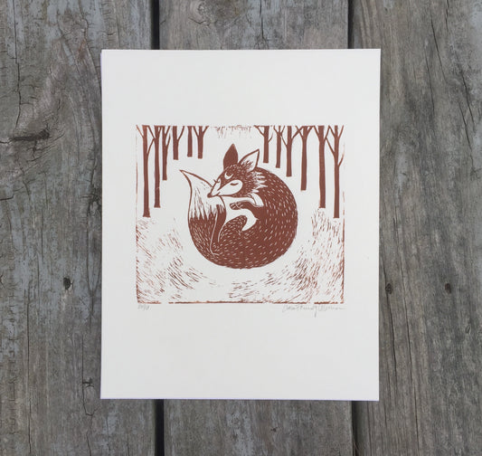 "Forest Spirit Fox" Linoleum Block Print ©Cara Finnerty Coleman