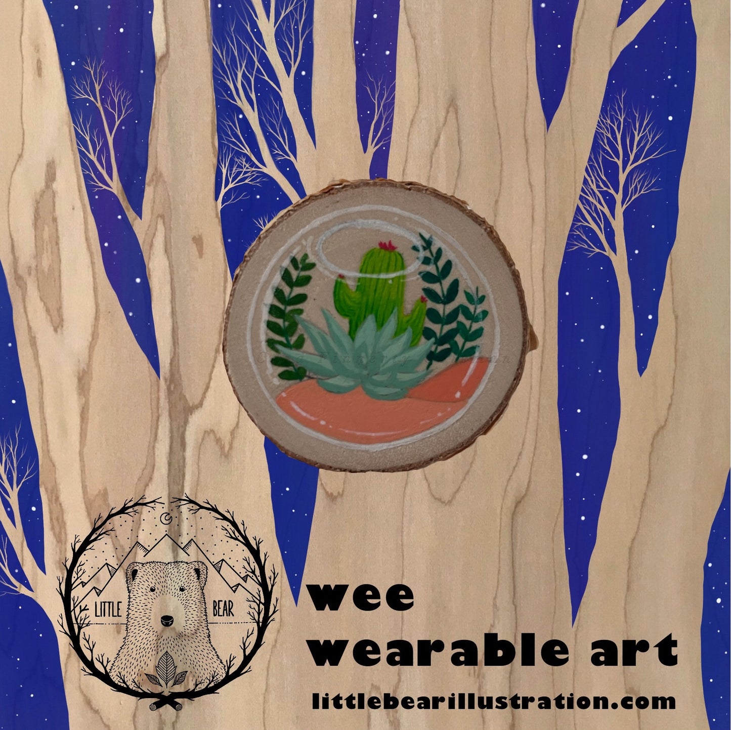Hand-Painted Succulent Terrarium #1 Wooden Brooch©Cara Finnerty Coleman