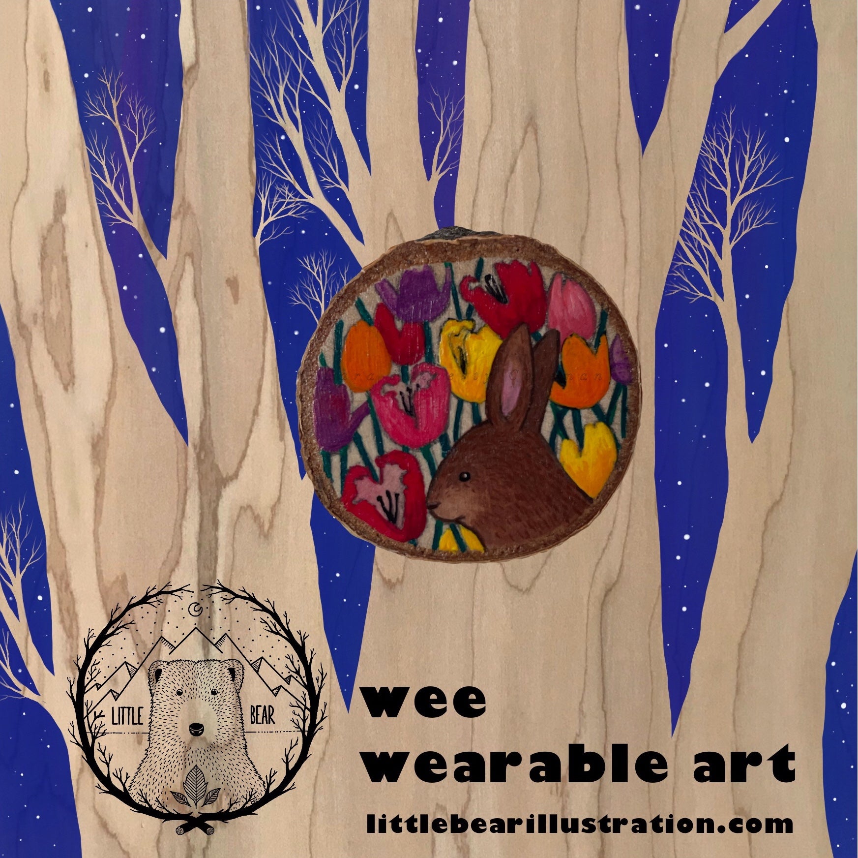 Hand-Painted Little Bunny Bun #2 Wooden Brooch©Cara Finnerty Coleman