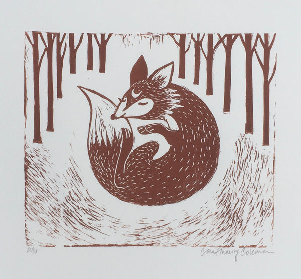 "Forest Spirit Fox" Linoleum Block Print ©Cara Finnerty Coleman