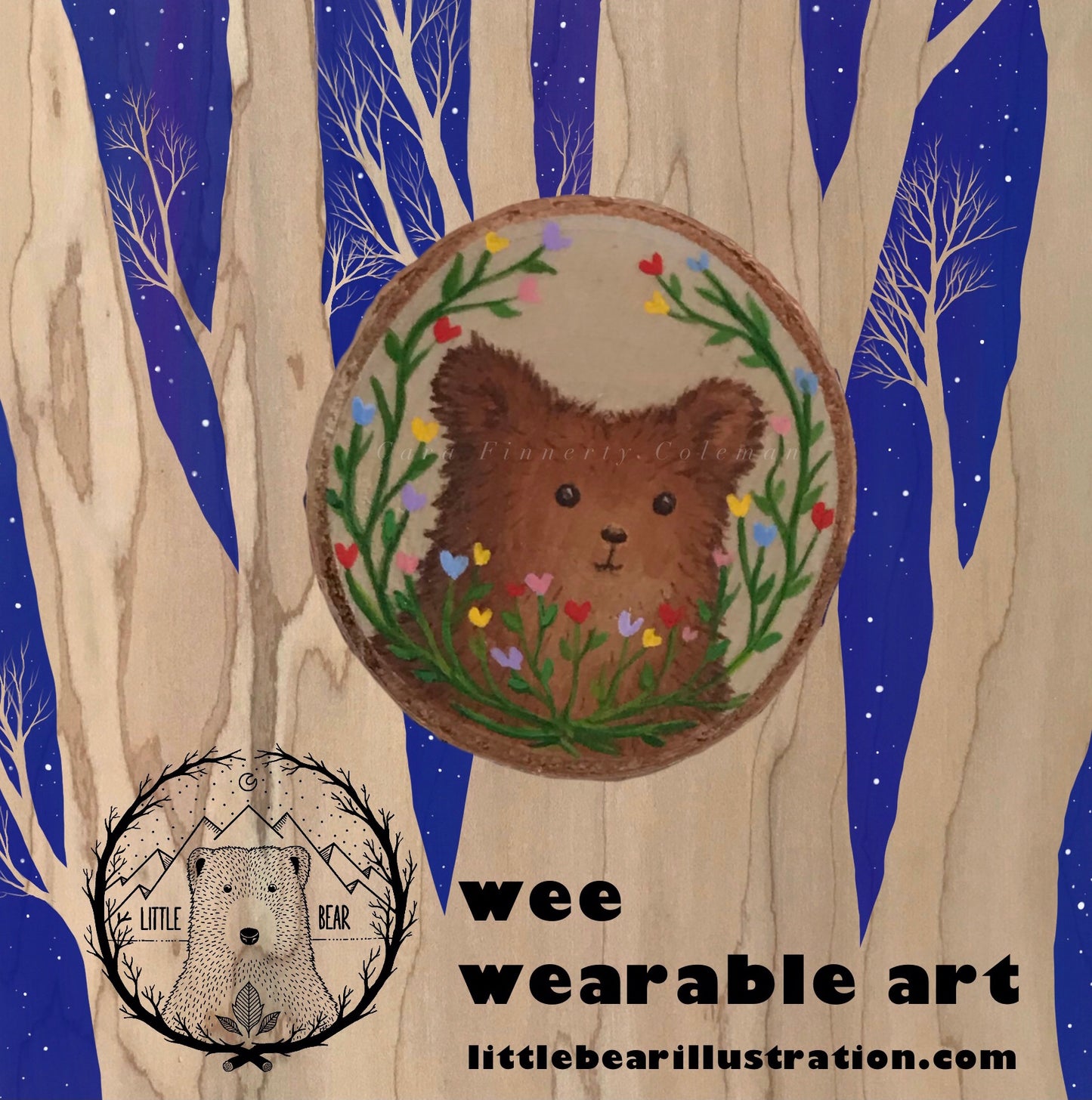 Hand-Painted Little Bear Wooden Brooch©Cara Finnerty Coleman