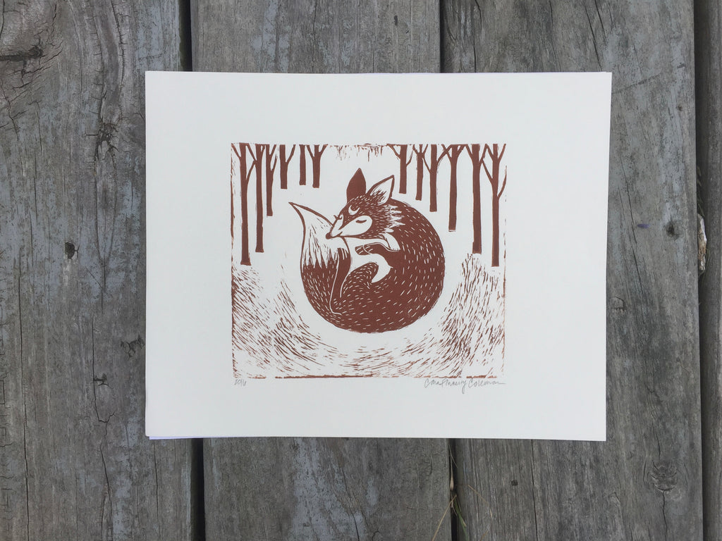 Forest Spirit Fox Linoleum Block Print ©Cara Finnerty Coleman – Little  Bear Illustration